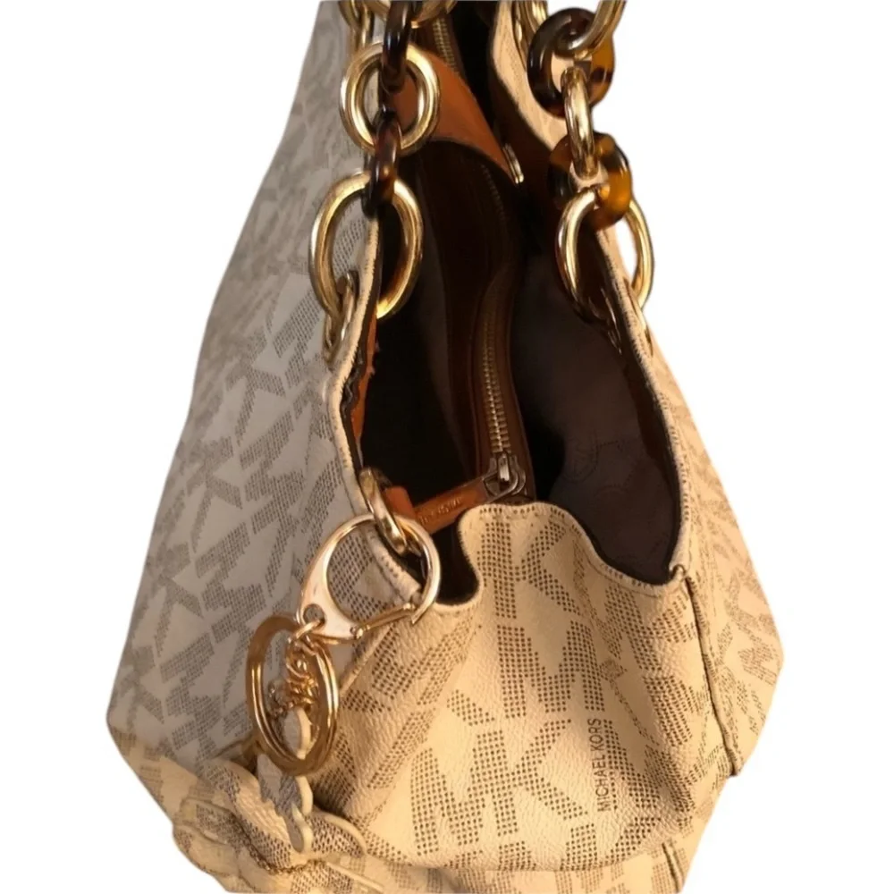 Micheal Kors  large Ivory classic monogram bag gold & tortoise handles - Picture 5 of 16